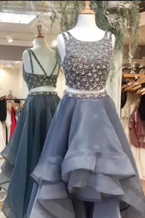 Two Piece A-line Scoop Sleeveless High Low Grey Prom Dress with Beading P97