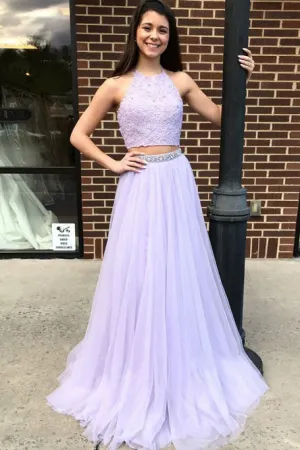 Two Piece Halter Backless Floor-Length Lavender Prom Dress with Lace Beading OHC026