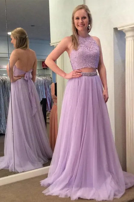 Two Piece Halter Backless Floor-Length Lavender Prom Dress with Lace Beading OHC026