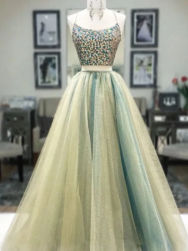 Two Piece Halter Beaded Prom Dress A Line Unique Tulle Prom Evening Dress CTB1612
