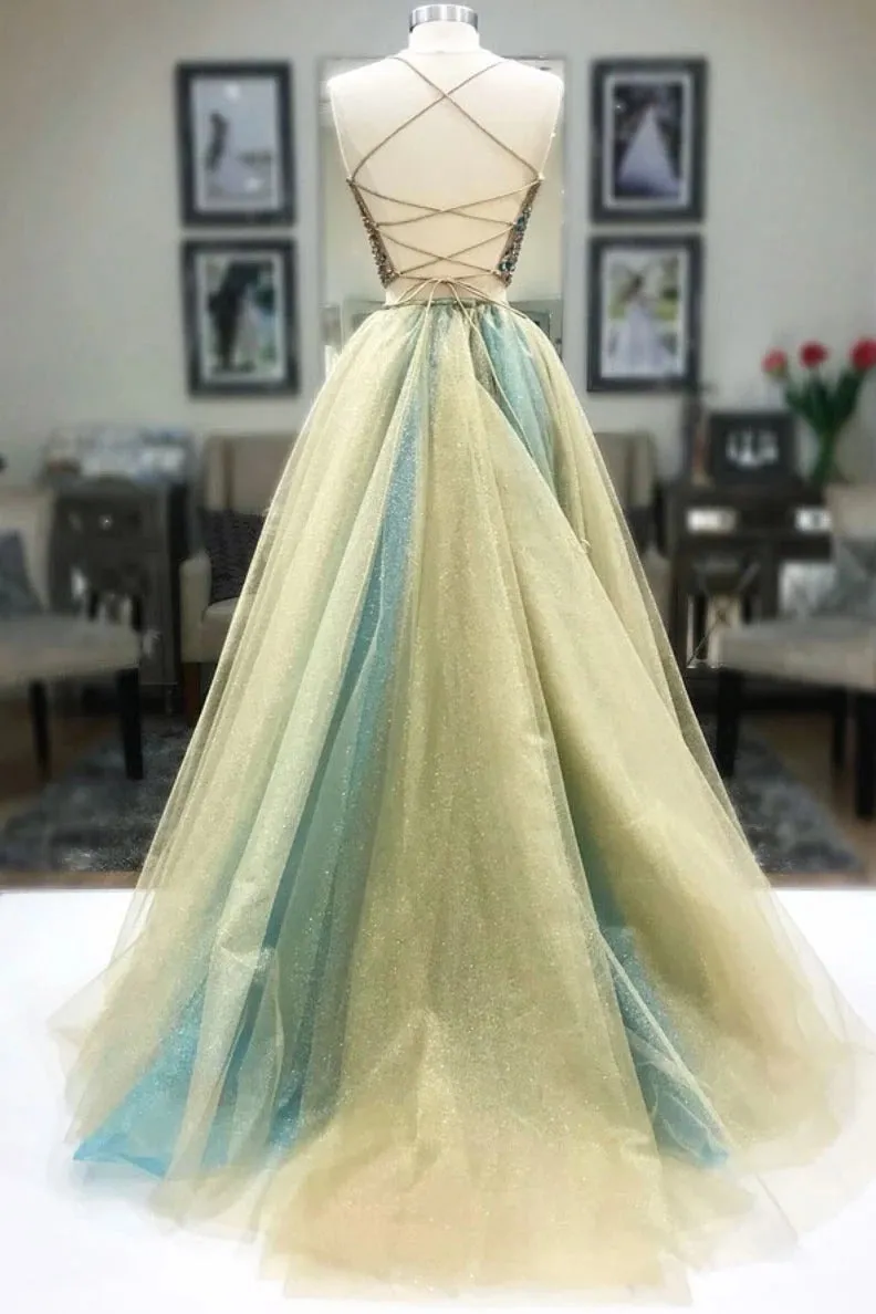 Two Piece Halter Beaded Prom Dress A Line Unique Tulle Prom Evening Dress CTB1612