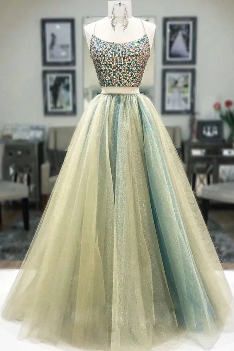 Two Piece Halter Beaded Prom Dress A Line Unique Tulle Prom Evening Dress CTB1612