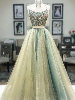 Two Piece Halter Beaded Prom Dress A Line Unique Tulle Prom Evening Dress CTB1612