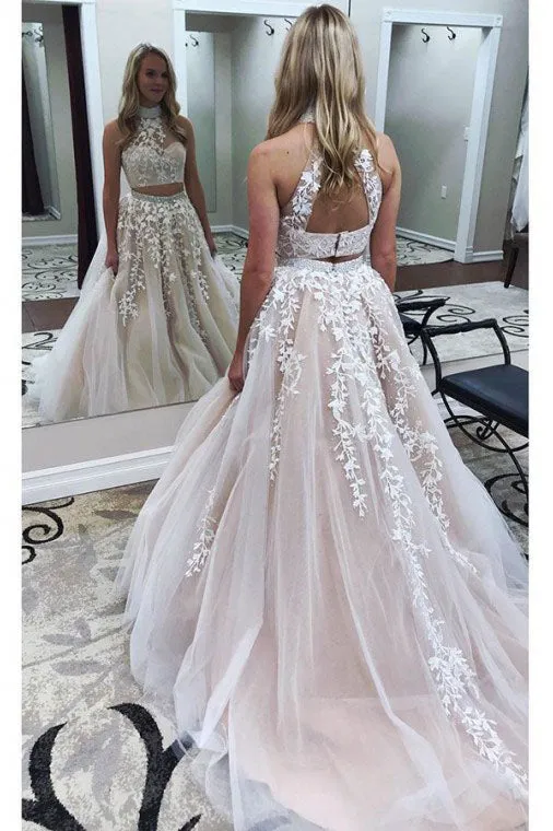 Two Piece High Neck Open Back Tulle Prom Dress with Appliques Beading OHC166