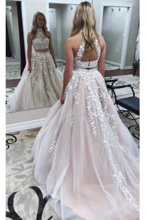 Two Piece High Neck Open Back Tulle Prom Dress with Appliques Beading OHC166