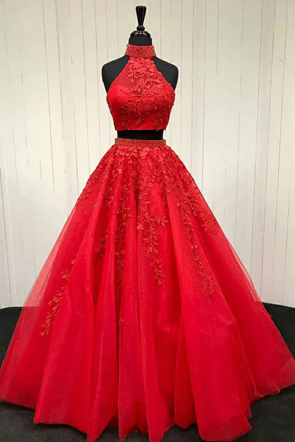 Two Piece High Neck Sweep Train Red Tulle Prom Dress with Appliques Beading Q9