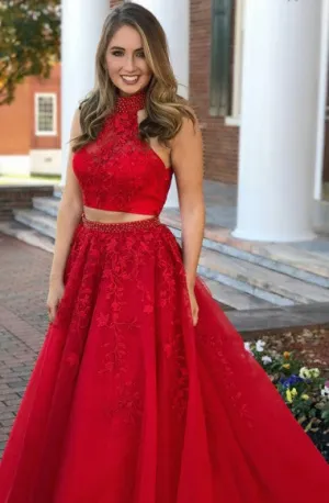 Two Piece High Neck Sweep Train Red Tulle Prom Dress with Appliques Beading Q9