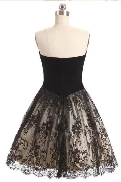 Two Piece Homecoming Dresses Little Black Dress Lace Short Prom Dress Party Dress OHM141