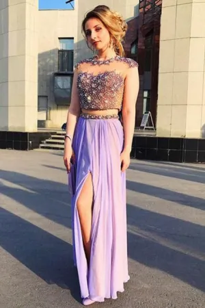 Two Piece Jewel Cap Sleeves Lavender Chiffon Prom Dress with Beading OHC077