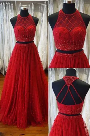 Two Piece Jewel Sweep Train Open Back Red Prom Dress with Beading Appliques P89