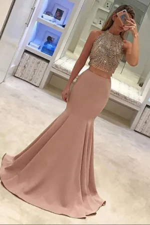 Two Piece Mermaid Jewel Sweep Train Blush Prom Dress with Beading P99