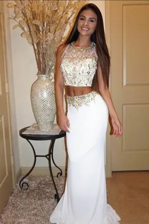 Two Piece Mermaid Jewel Sweep Train White Elastic Satin Prom Dress with Beading OHC089