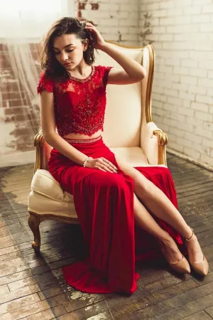 Two Piece Red Lace Short Sleeve Long Beaded Chiffon Prom Dress Evening Dress OHC367