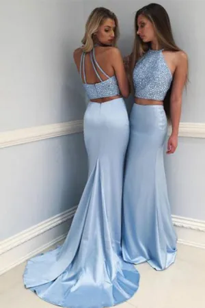 Two Piece Round Neck Sweep Train Blue Prom Dress with Beading L037