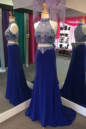 Two Piece Sheath High Neck Illusion Back Long Royal Blue Prom Dress with Beading P81