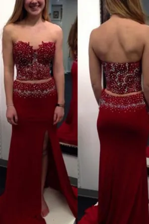 Two Piece Sweetheart Sweep Train Split Wine Sheath Prom Dress with Beading P72