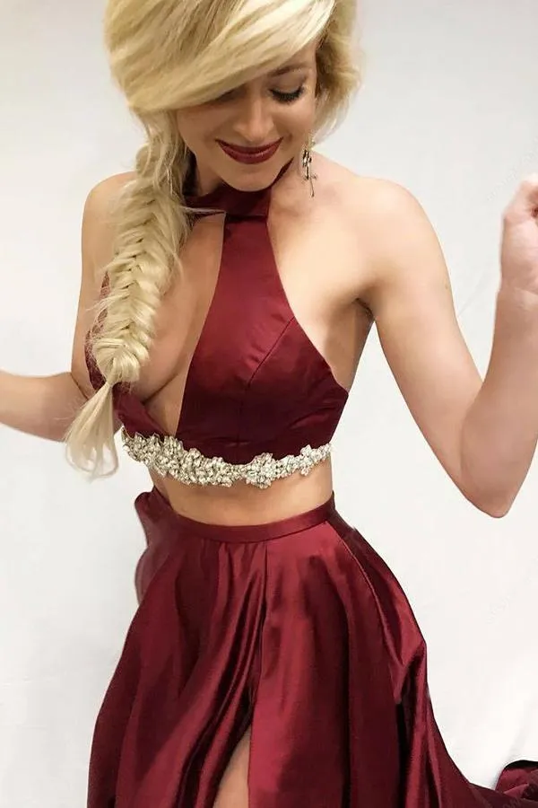 Two Pieces Burgundy High Neck Sleeveless Beading Long Satin Prom Dress With Slit Sexy Evening Dress  OHC294