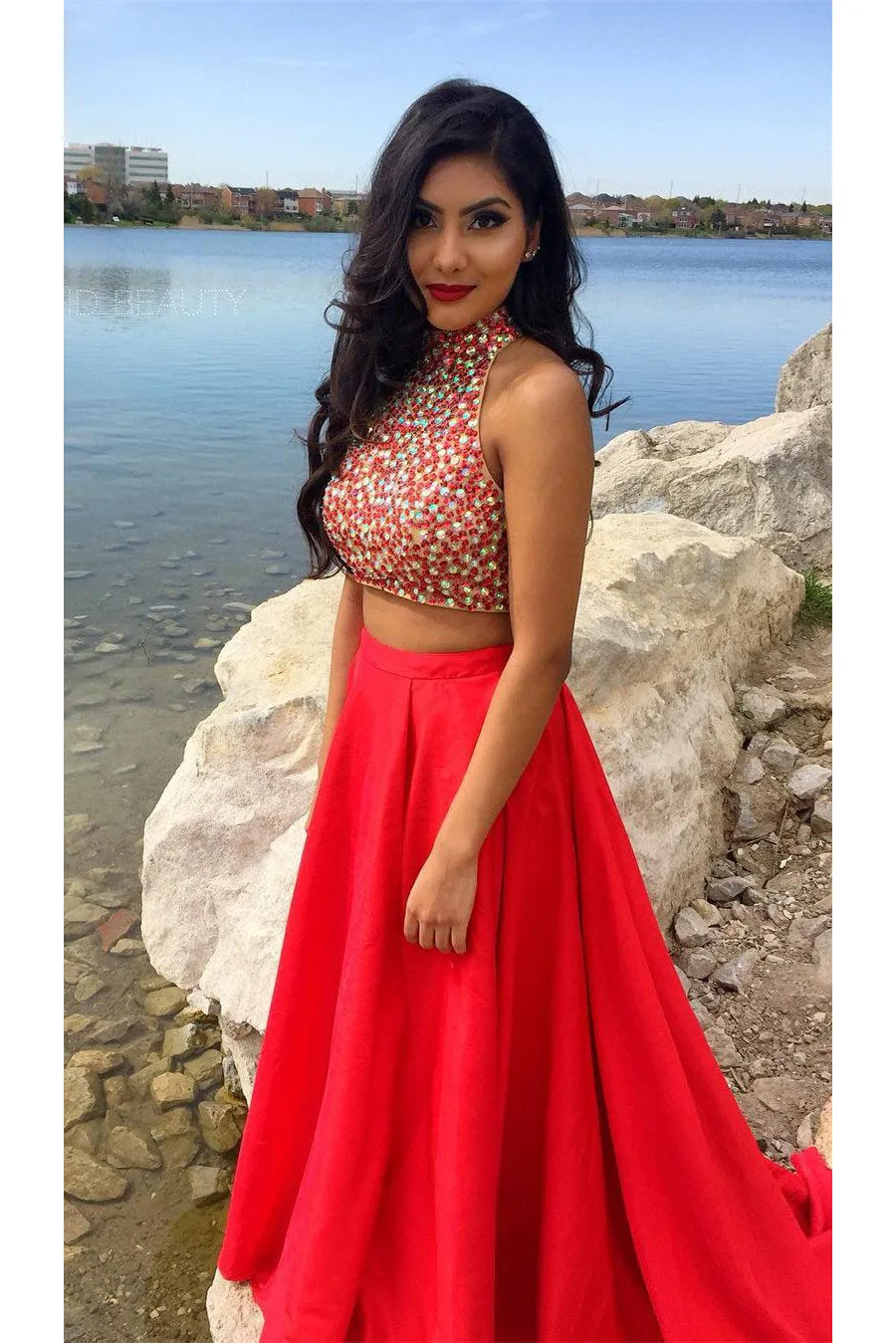 Two Pieces Jewel Sweep Train Sleeveless Beaded Split Long Satin Prom Dresses OHC265