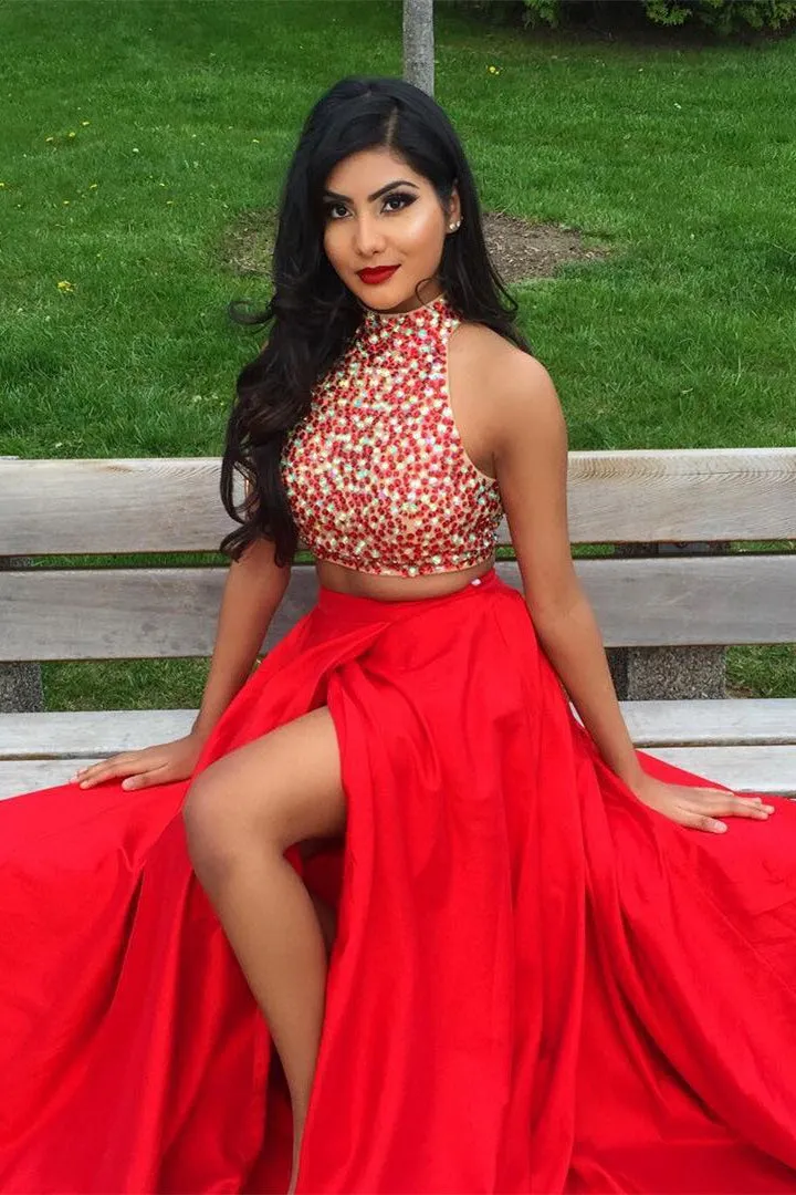 Two Pieces Jewel Sweep Train Sleeveless Beaded Split Long Satin Prom Dresses OHC265