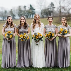 Unique Cap Sleeve Gery Top Beaded A-line Long Cheap Bridesmaid Dresses, BDS0128