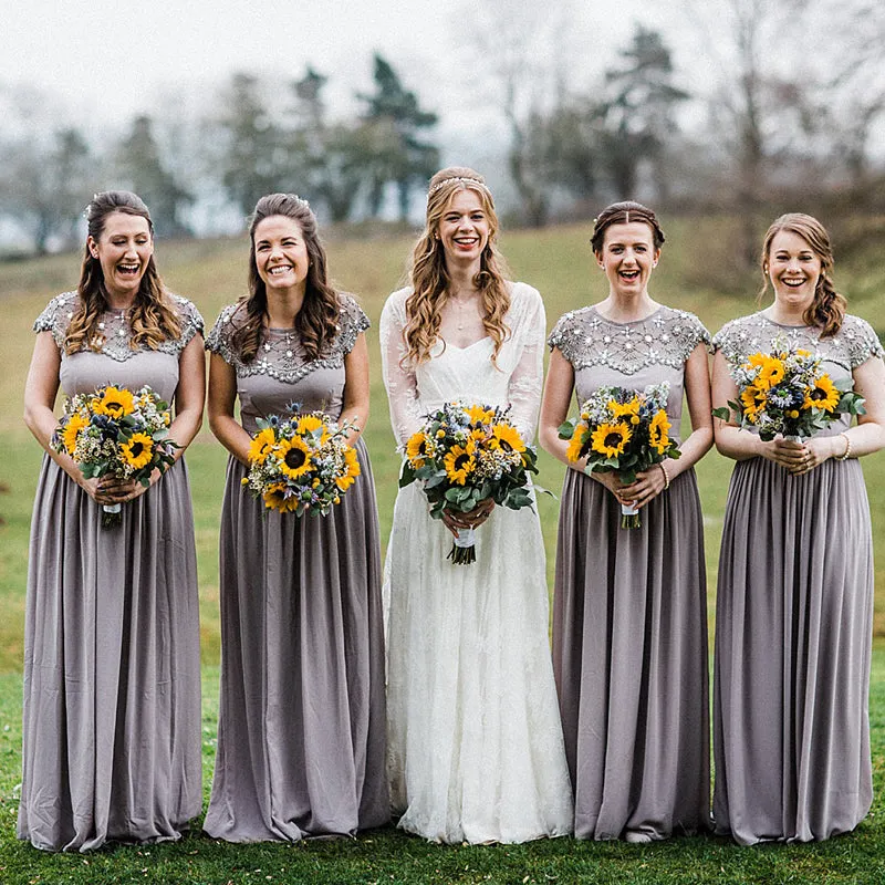 Unique Cap Sleeve Gery Top Beaded A-line Long Cheap Bridesmaid Dresses, BDS0128