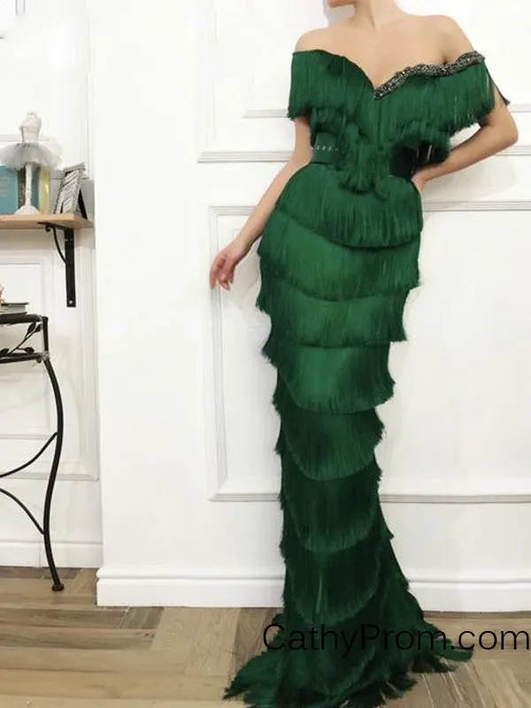 Unique Emerald Green Tassel Arabic Prom Dress Mermaid Off the Shoulder Crystal Beaded Long Prom/Evening Dress HSC2216