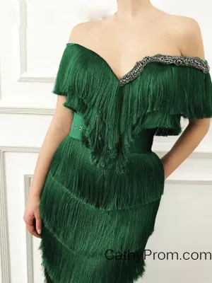 Unique Emerald Green Tassel Arabic Prom Dress Mermaid Off the Shoulder Crystal Beaded Long Prom/Evening Dress HSC2216