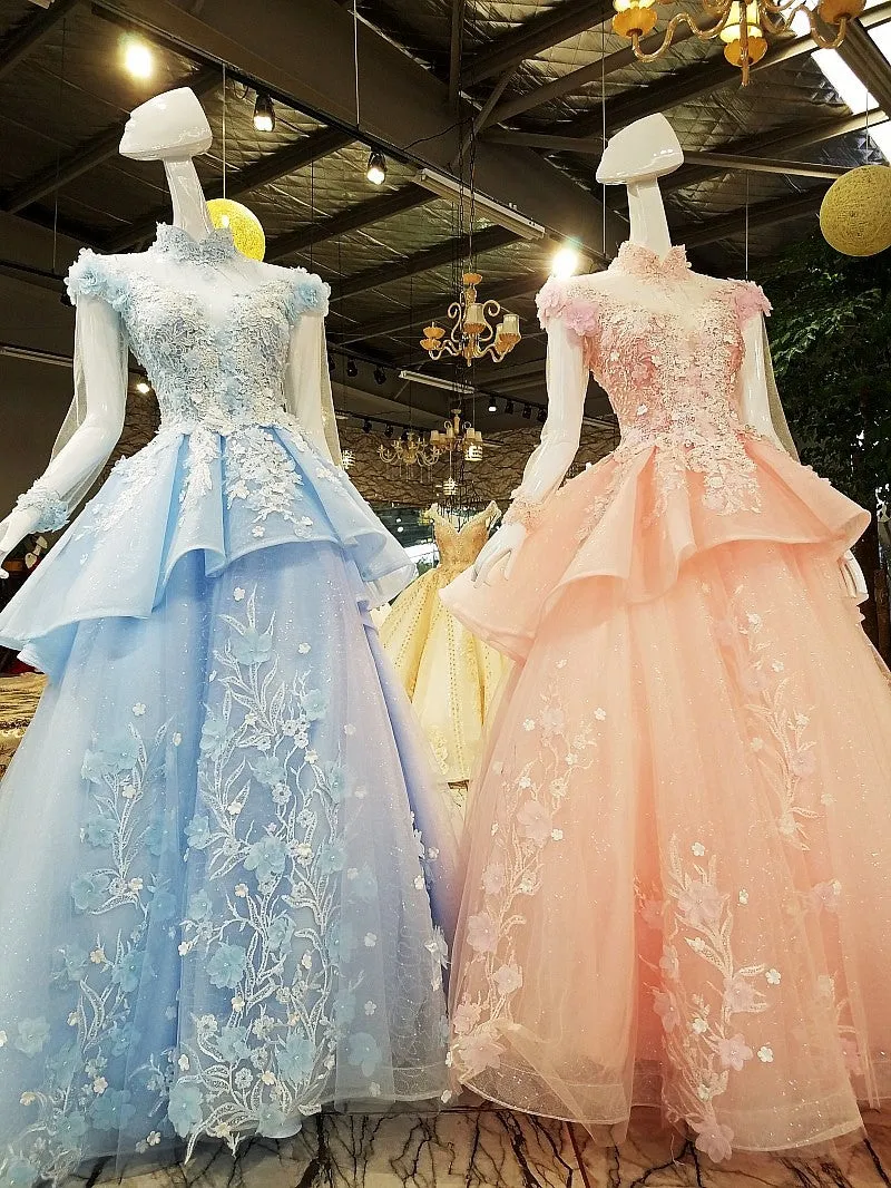Unique High Neck Appliques Ball Gown Luxurious Beaded Long Sleeve Prom Evening Dress SMT07171