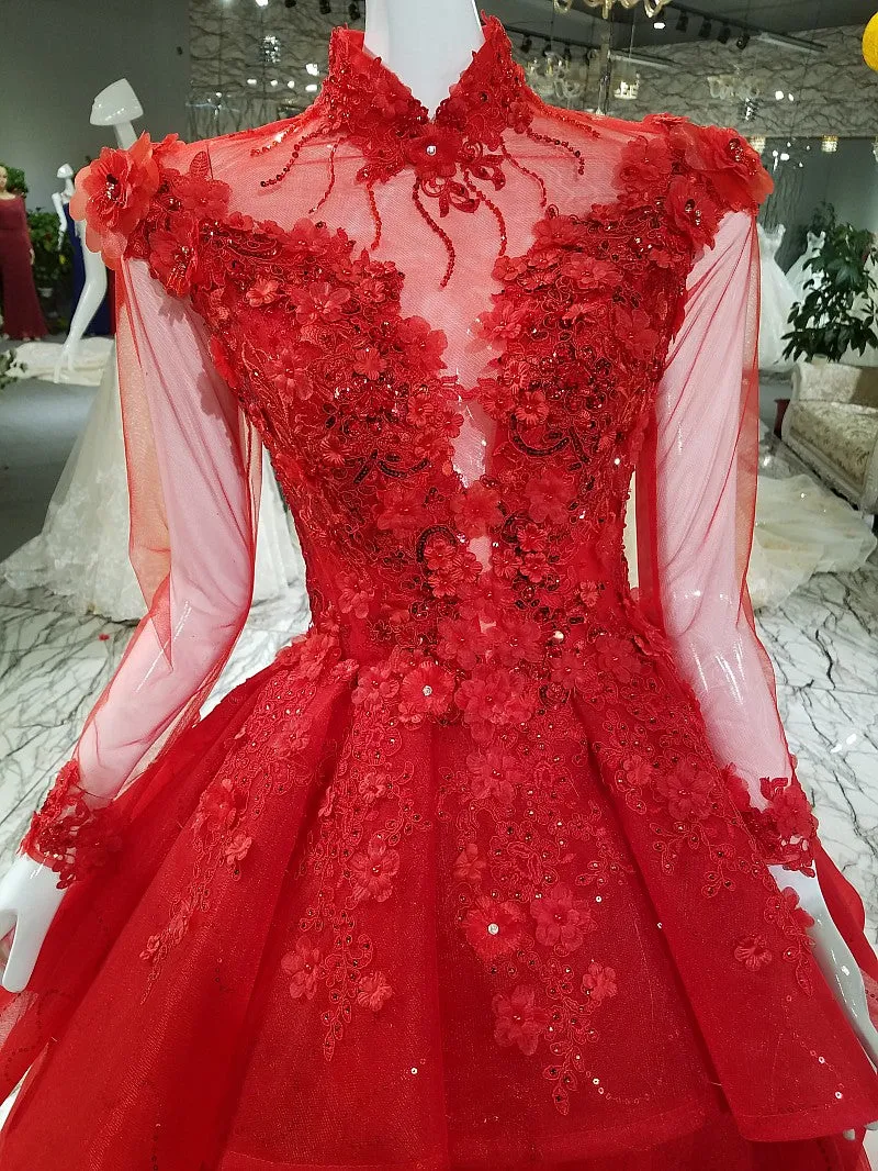 Unique High Neck Appliques Ball Gown Luxurious Beaded Long Sleeve Prom Evening Dress SMT07171