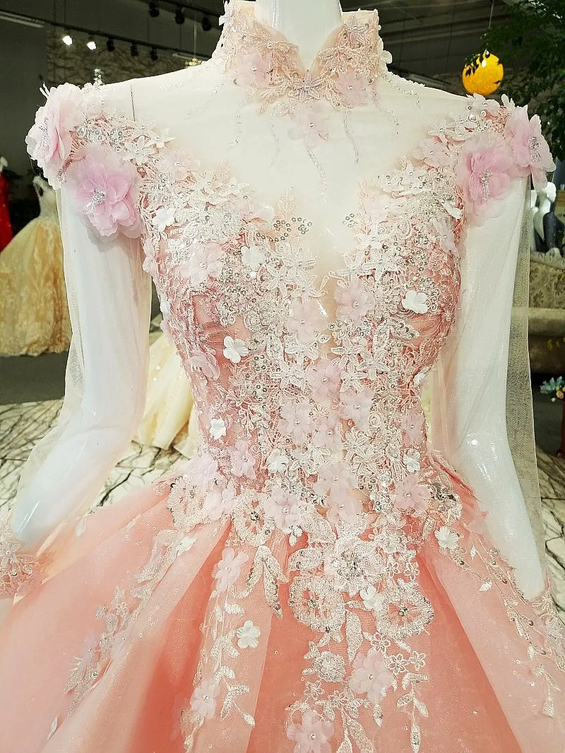 Unique High Neck Appliques Ball Gown Luxurious Beaded Long Sleeve Prom Evening Dress SMT07171