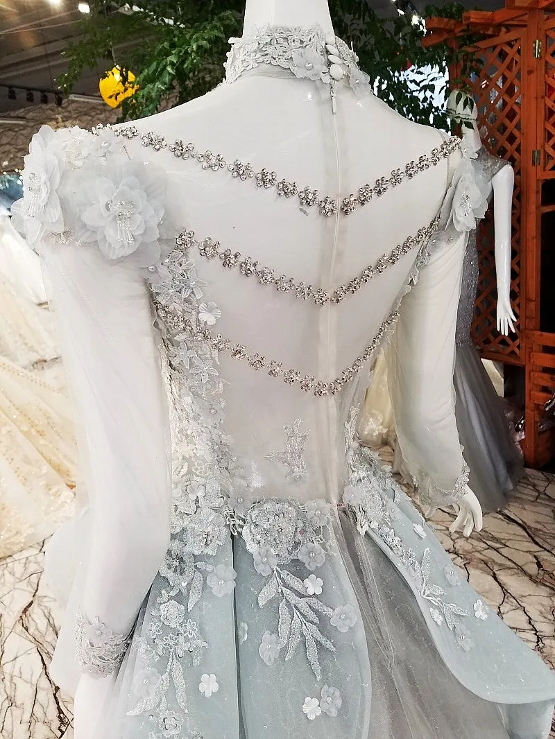 Unique High Neck Appliques Ball Gown Luxurious Beaded Long Sleeve Prom Evening Dress SMT07171