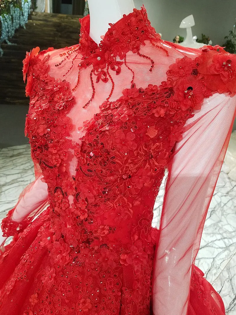 Unique High Neck Appliques Ball Gown Luxurious Beaded Long Sleeve Prom Evening Dress SMT07171