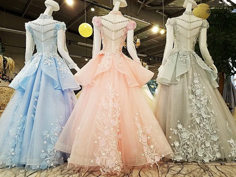 Unique High Neck Appliques Ball Gown Luxurious Beaded Long Sleeve Prom Evening Dress SMT07171