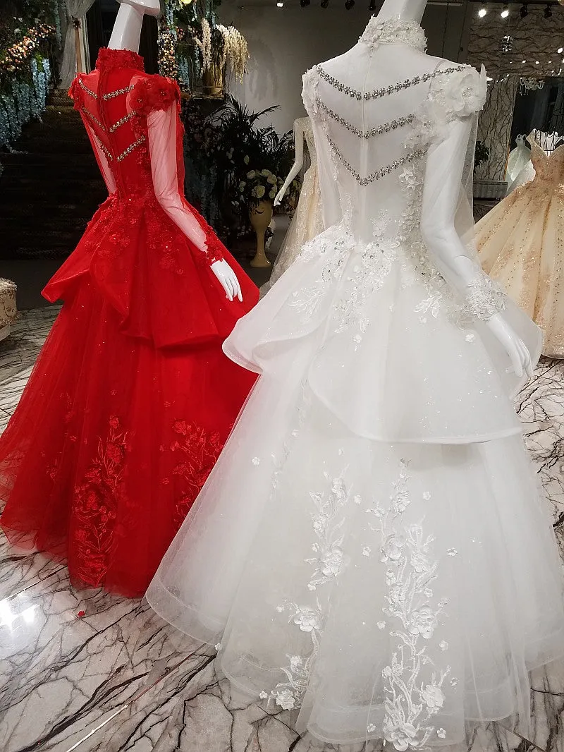 Unique High Neck Appliques Ball Gown Luxurious Beaded Long Sleeve Prom Evening Dress SMT07171