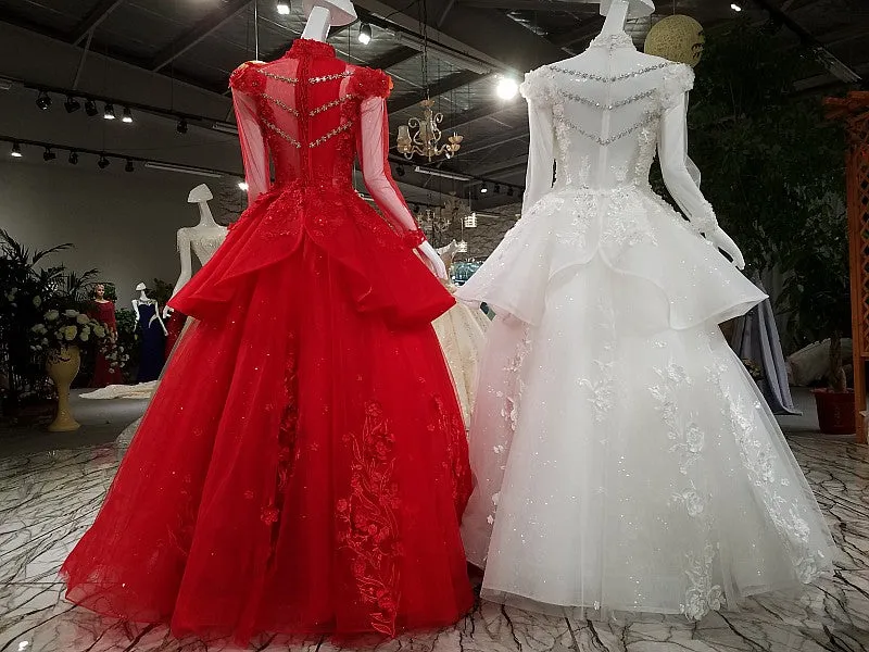 Unique High Neck Appliques Ball Gown Luxurious Beaded Long Sleeve Prom Evening Dress SMT07171