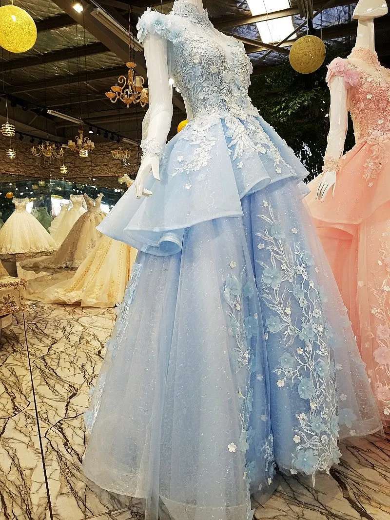 Unique High Neck Appliques Ball Gown Luxurious Beaded Long Sleeve Prom Evening Dress SMT07171