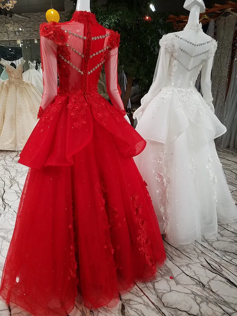 Unique High Neck Appliques Ball Gown Luxurious Beaded Long Sleeve Prom Evening Dress SMT07171