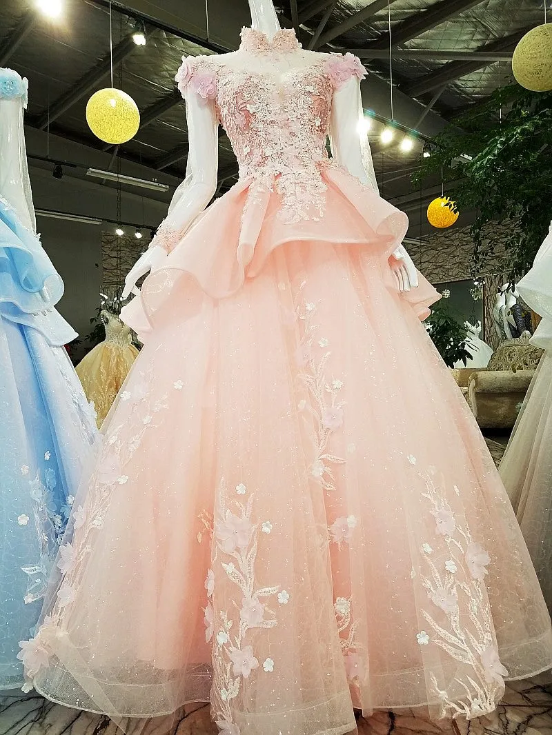 Unique High Neck Appliques Ball Gown Luxurious Beaded Long Sleeve Prom Evening Dress SMT07171