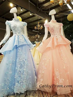 Unique High Neck Appliques Ball Gown Luxurious Beaded Long Sleeve Prom Evening Dress SMT07171