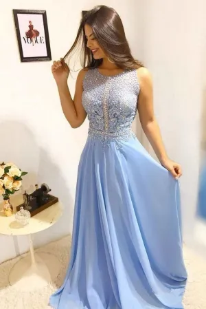 Unique Sky Blue Chiffon Beaded Sleeveless Long A Line Prom Dress Evening Dress OHC413