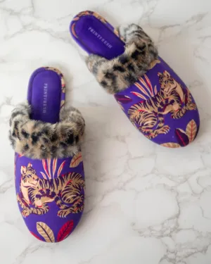 Untamed Tiger - Velvet Faux-Fur Slippers - Grape Soda