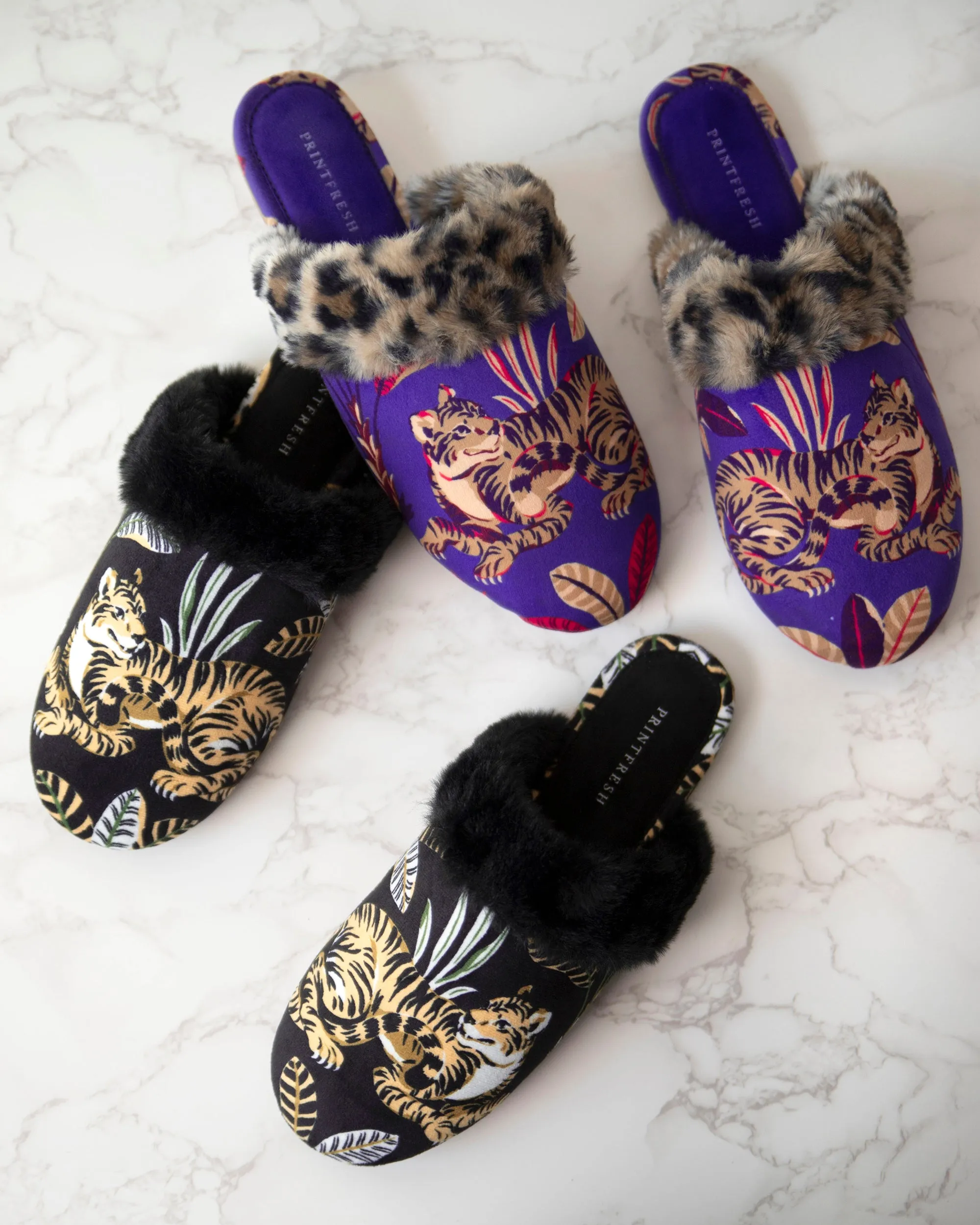 Untamed Tiger - Velvet Faux-Fur Slippers - Grape Soda