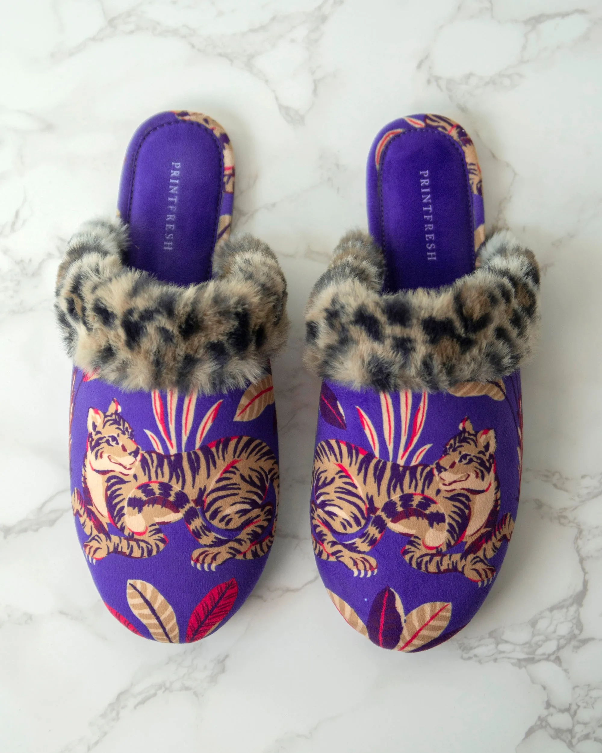 Untamed Tiger - Velvet Faux-Fur Slippers - Grape Soda