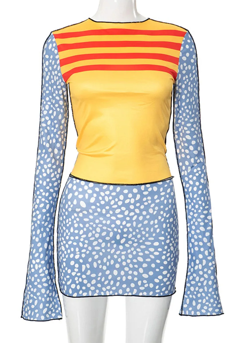 US3127 Polka Dots Shirt and Skirt Set Top