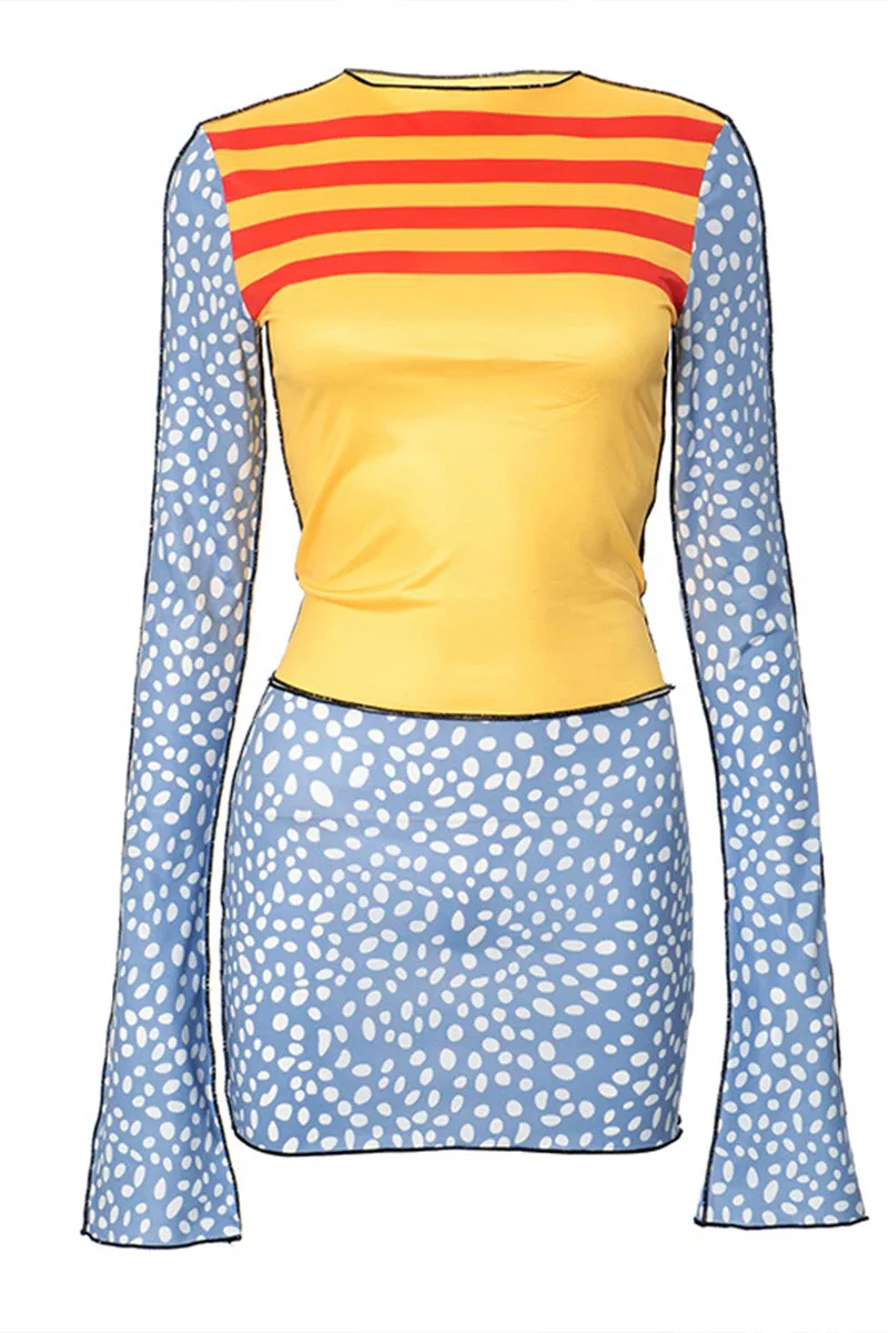 US3127 Polka Dots Shirt and Skirt Set Top