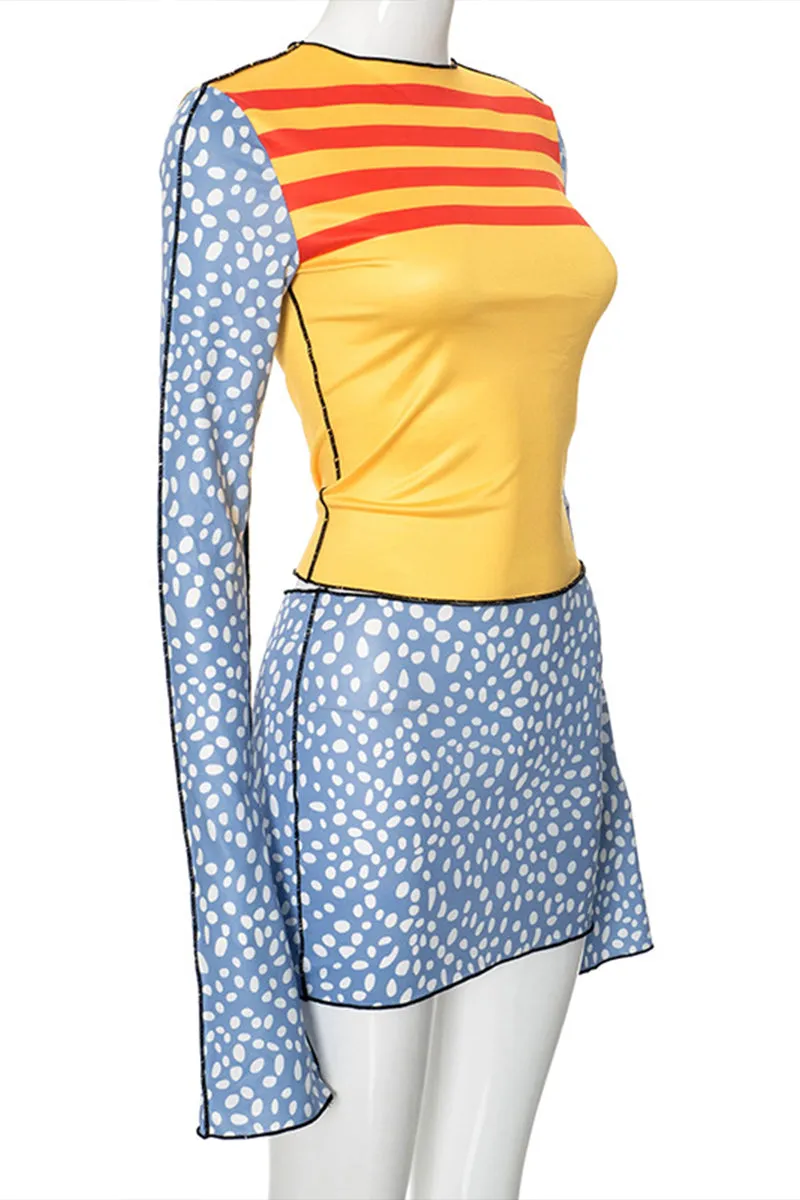 US3127 Polka Dots Shirt and Skirt Set Top
