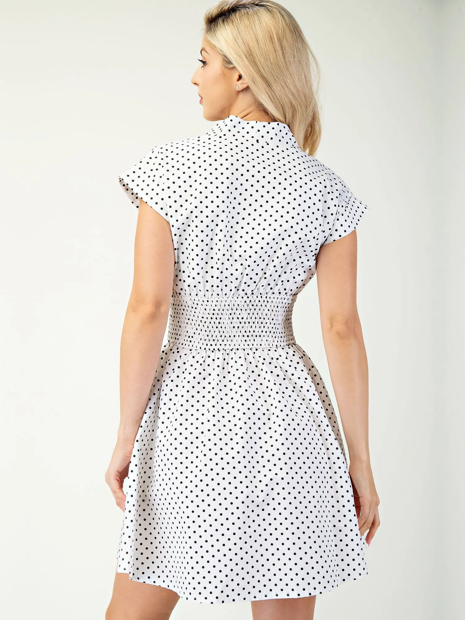 V Neck Smocked Fit & Flare Poka Dot Mini Dress
