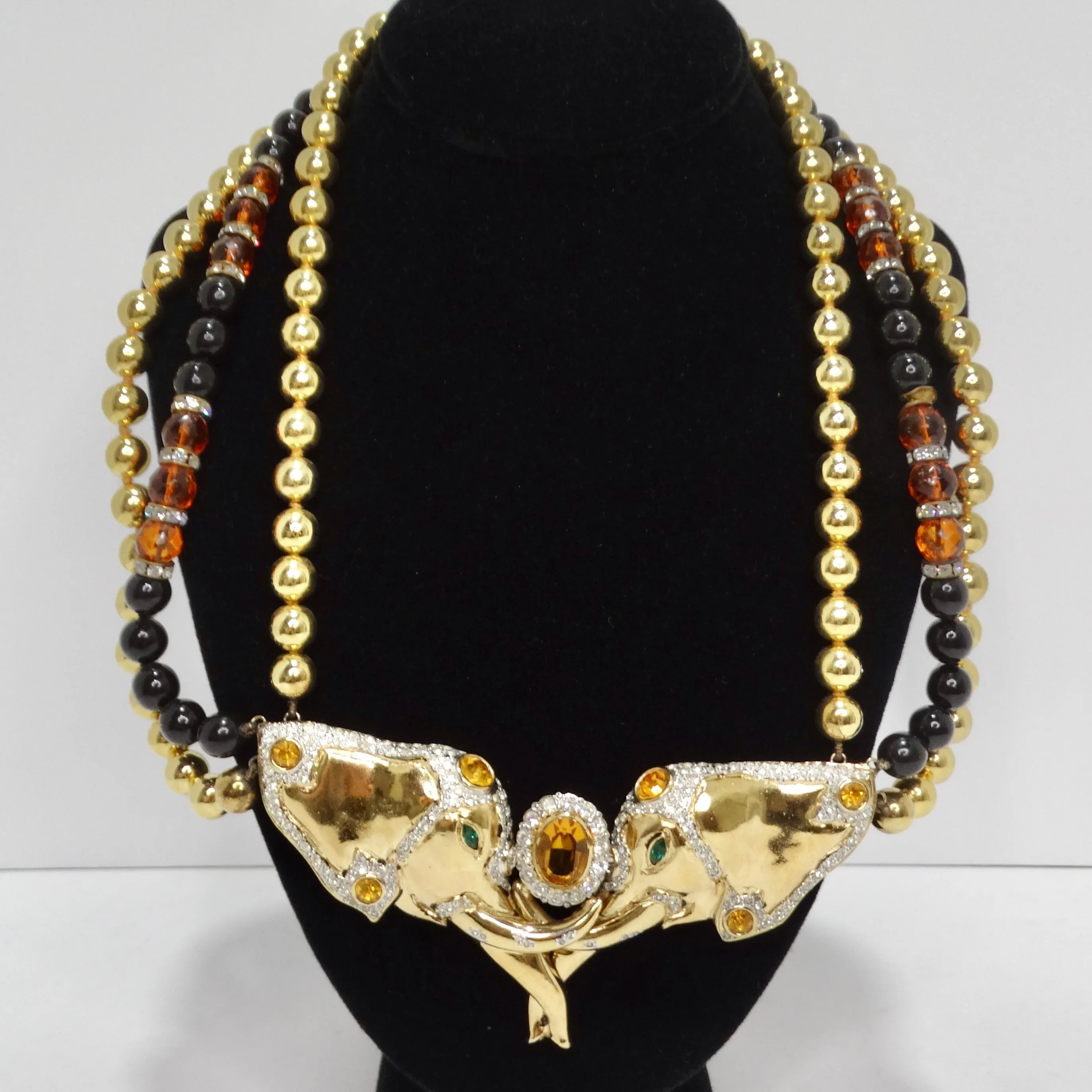 Valentino 1980s Gold Plated Elephant Pendent Statement Necklace