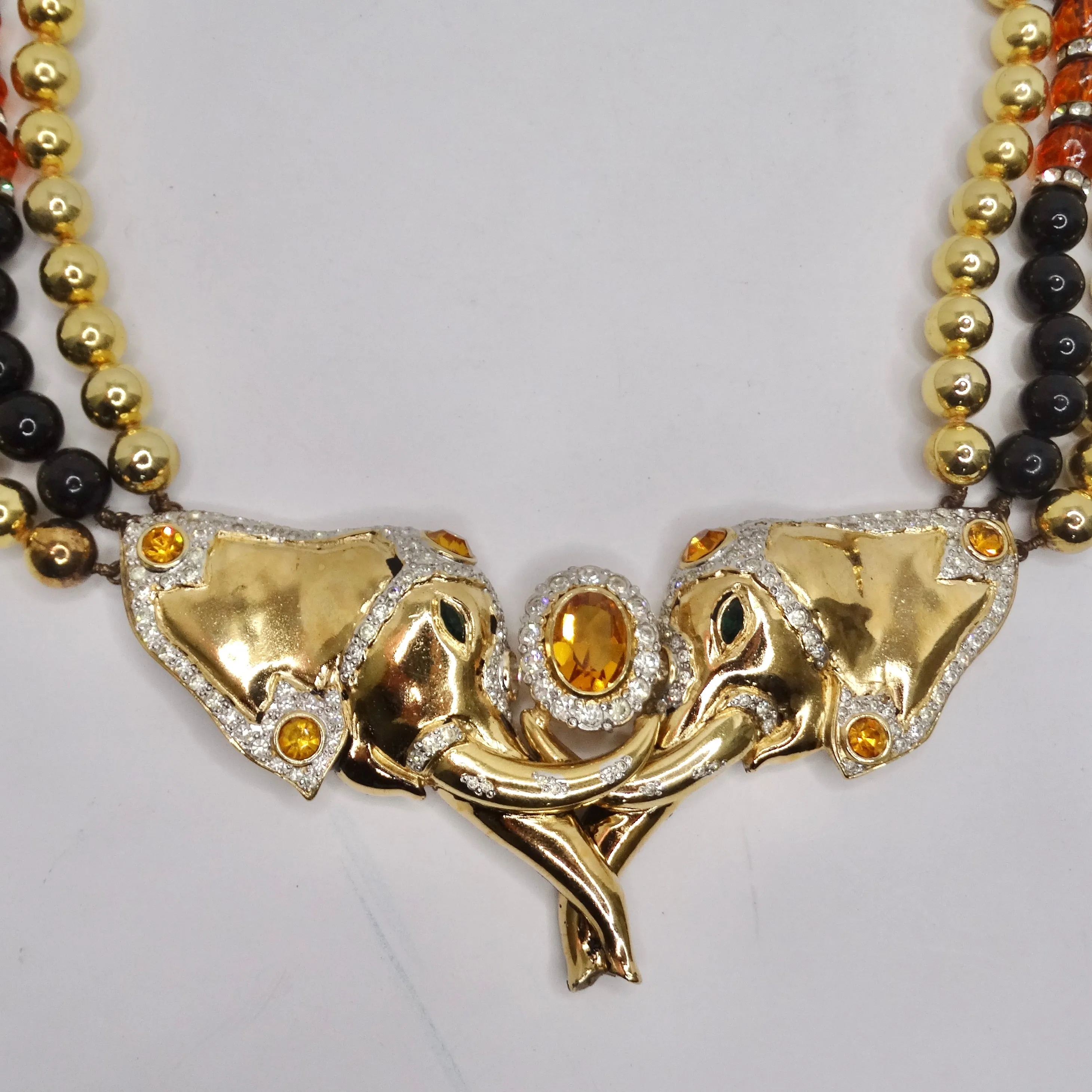 Valentino 1980s Gold Plated Elephant Pendent Statement Necklace