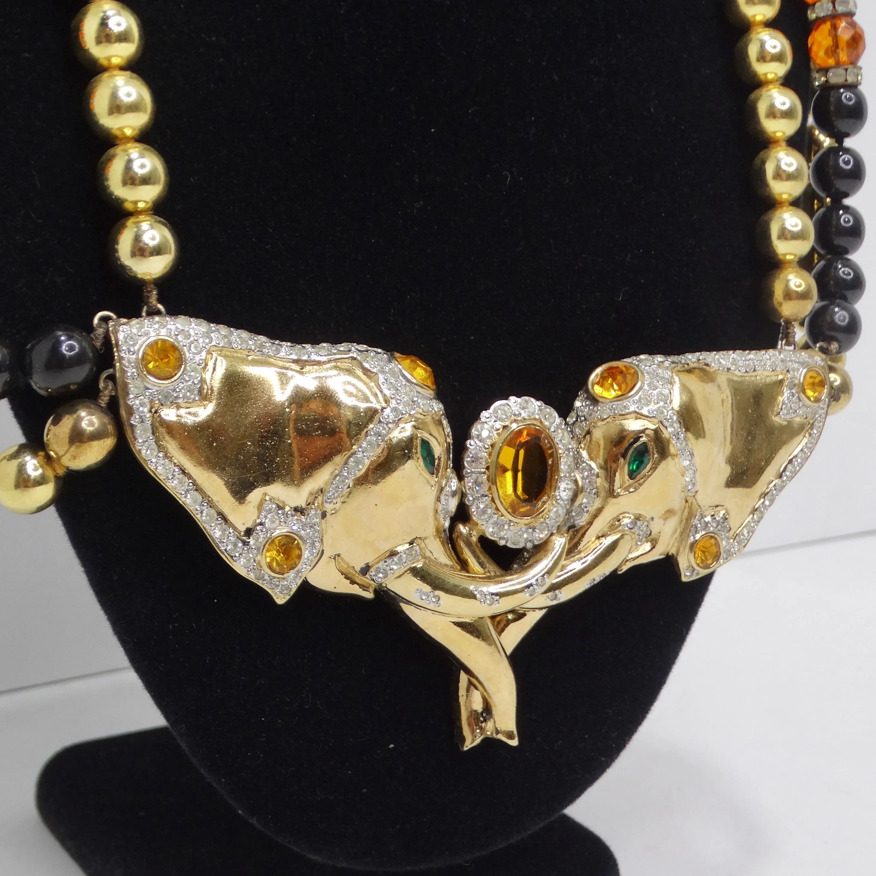 Valentino 1980s Gold Plated Elephant Pendent Statement Necklace